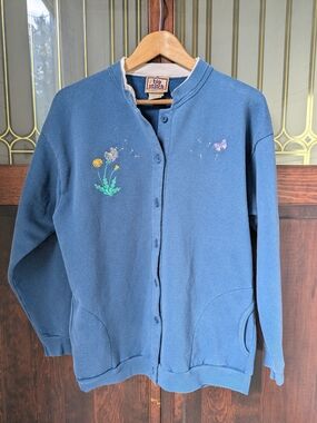 Top Stitch Women's Blue Embroidered Button Cardigan